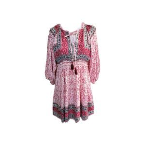 Angie Women’s Med Dress Pink Floral Boho Rayon Short 3/4 Sleeve Dress Tie Front